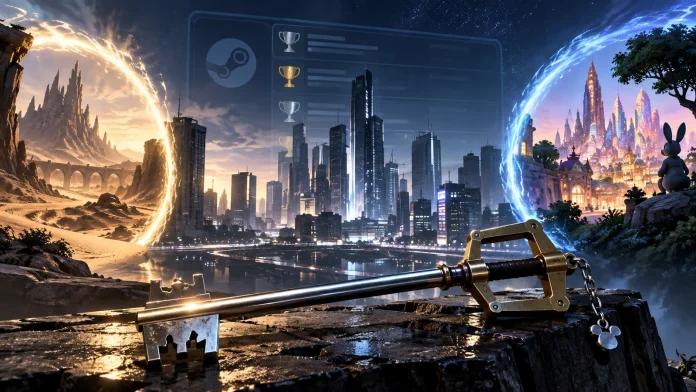 Fantasy city connected by portals to several possible game worlds with achievement imagery