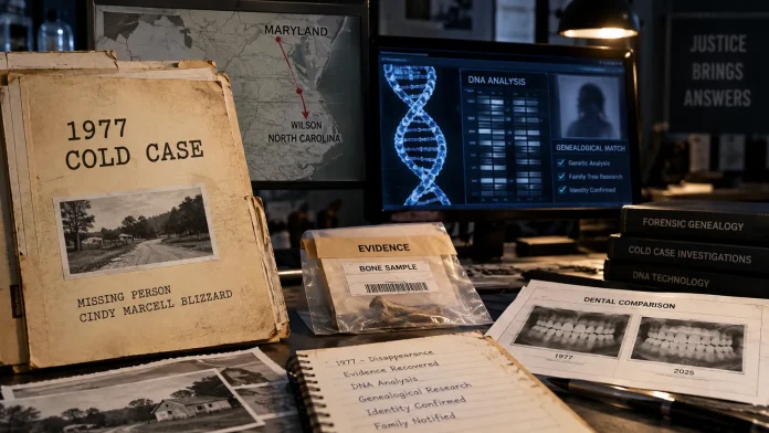 Cold-case desk with DNA analysis, a 1977 case file and a Maryland-to-North Carolina map