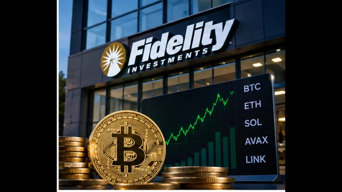 Fidelity Investments building with Bitcoin and Ethereum imagery representing Fidelity Crypto