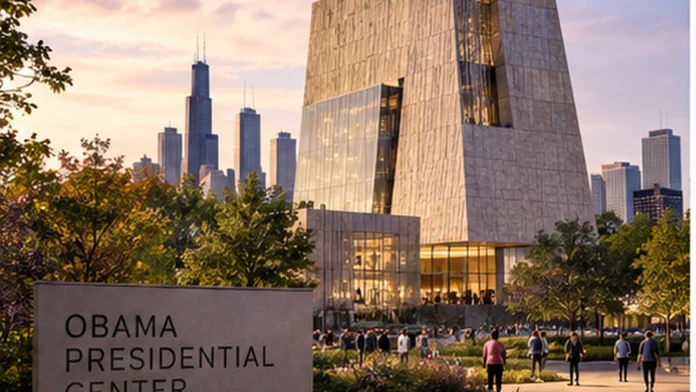 Obama Presidential Center campus in Chicago at sunset