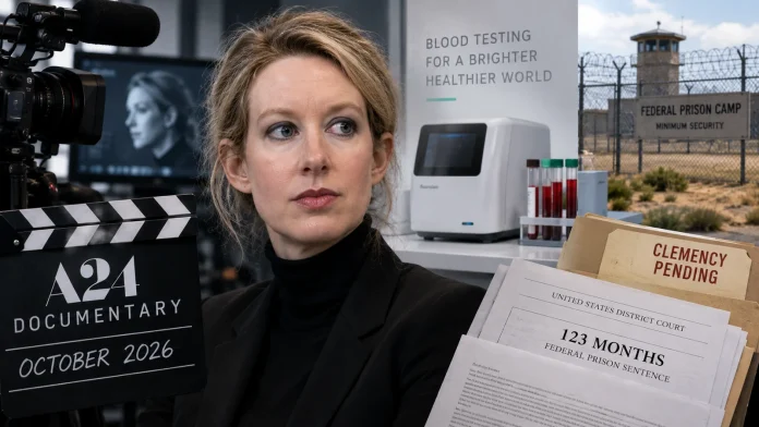 Documentary-style editorial scene with a blonde former tech executive, legal files, lab equipment and prison imagery