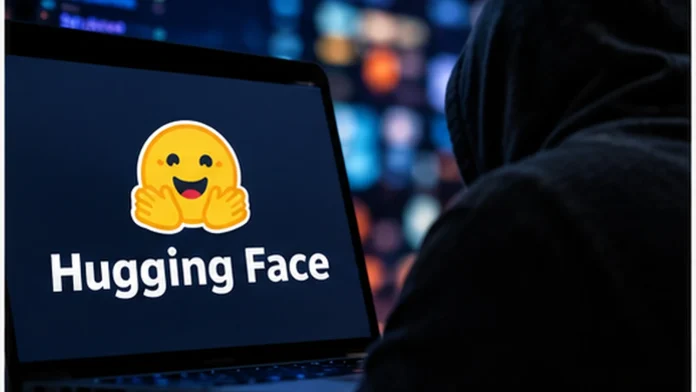 Cybersecurity news image showing Hugging Face branding and a dark technical operations scene