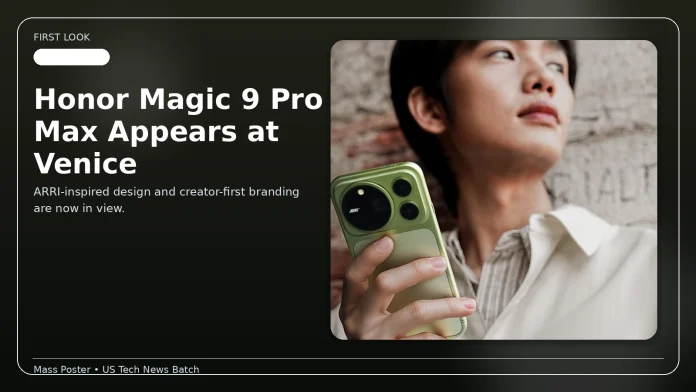 Honor Magic 9 Pro Max in moss green held in hand at an event, used in a design reveal article