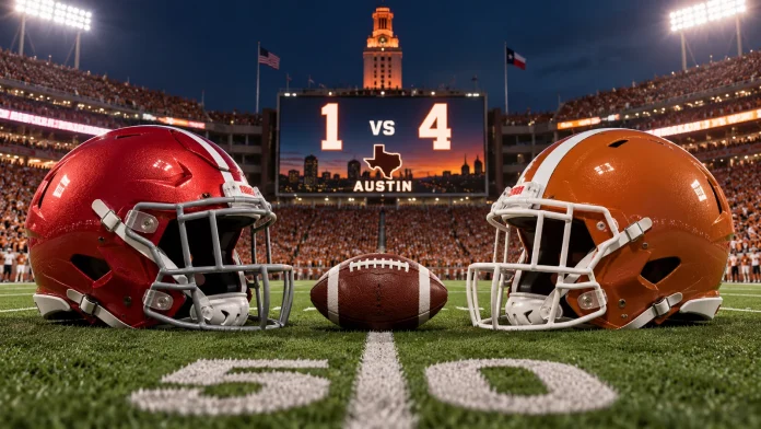 Red and burnt-orange college football helmets facing off in an Austin stadium under a No. 1 vs No. 4 scoreboard