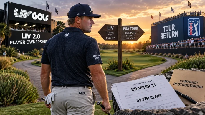 Golfer at a fork between a LIV 2.0 path and traditional tour path with Chapter 11 papers in foreground
